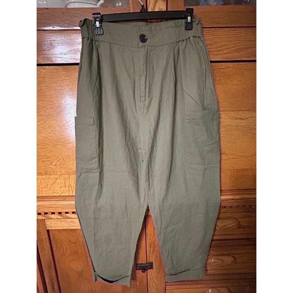 Zara Olive Green Gorpcore Linen Blend Cargo Tapered Pants High Waisted Utility